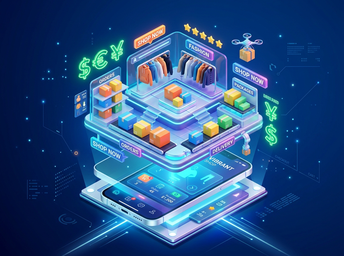 3D isometric graphic representing free Shopify alternatives for e-commerce